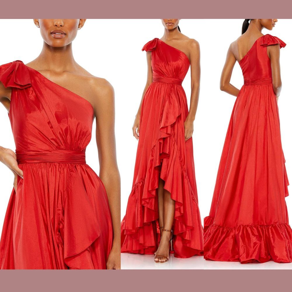 NEW $498 Mac Duggal [ 2 ] Bow One Shoulder Ruffle Asymmetrical‎ Hem Gown #S1023